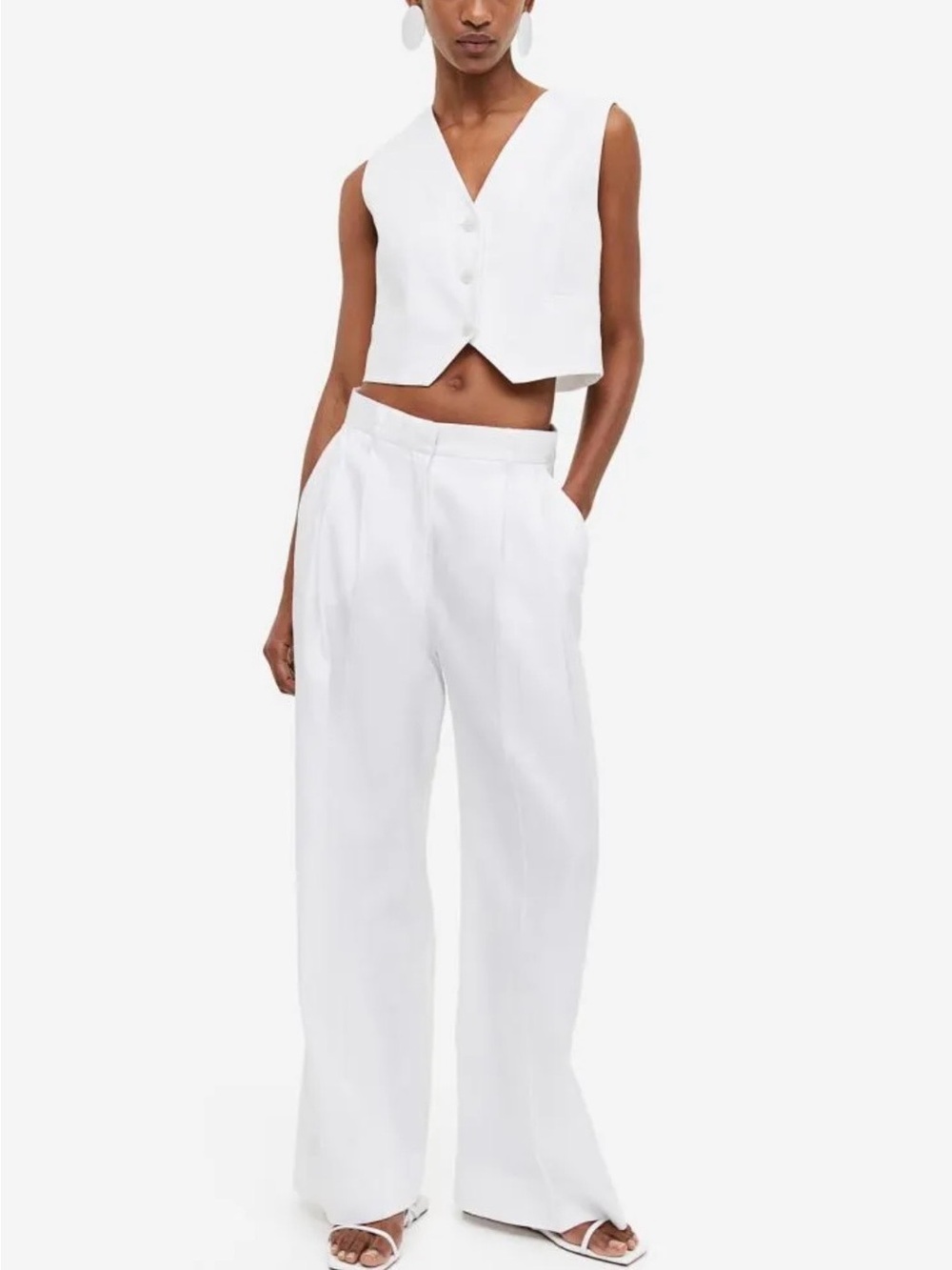 Linen Suit - Tailored Wide-Leg H&M Women's Pants and Vest in White